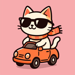 Stylized cat drives a small car wearing sunglasses