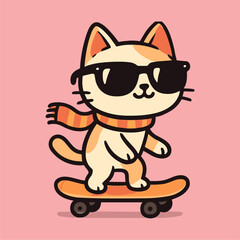 Stylized cat character riding a skateboard smiling