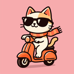 Cartoon white cat rides orange scooter with scarf
