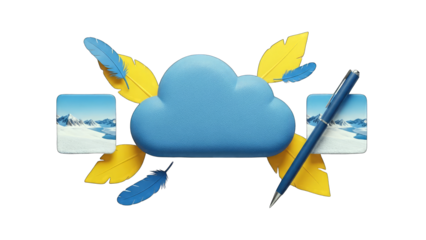 Cloud Computing Concept with Pen, Feathers, and Landscape