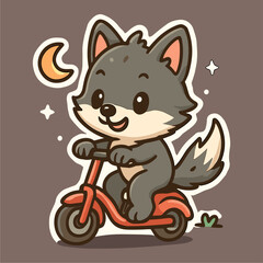 Cartoon wolf cheerfully rides a scooter under moonlight