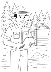 coloring book Forest Ranger Dad holding clipboard inspecting forest cabin area