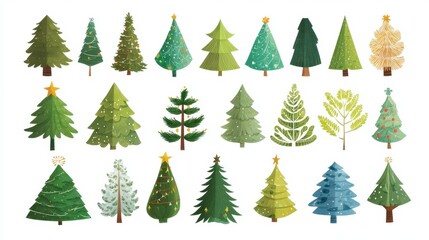 Assortment of diverse evergreen trees, hand-drawn with varying styles and detailing, set against a white background, evoking holiday cheer