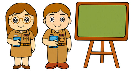 Cute cartoon illustration of male and female Thai teachers in uniform teaching beside a green blackboard, suitable for education, classroom, and school design use.