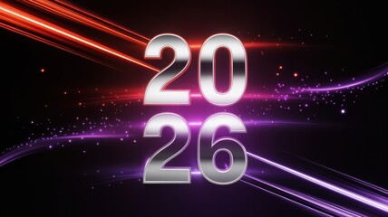 Shimmering silver year 2026 with dynamic glowing light streaks on dark