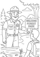 coloring book Forest Ranger Dad welcoming visitor near welcome forest park sign and guiding about nature safety rules