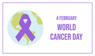 World Cancer Day banner with a world map and purple ribbon