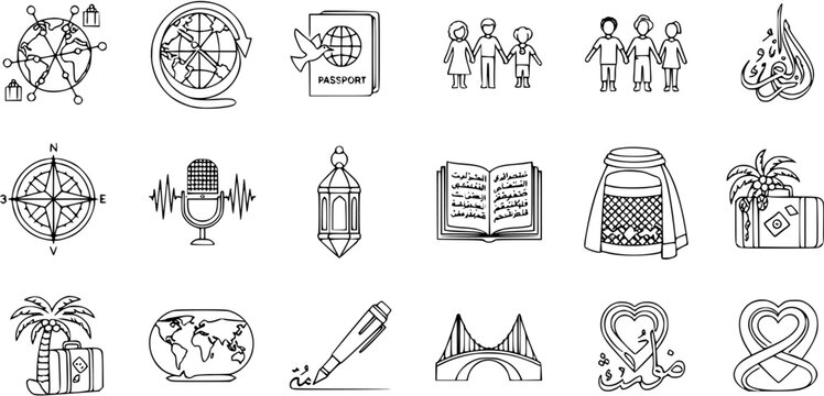 Arabic Culture and Global Travel Line Icons Set. Vector illustrations of Middle Eastern traditions, family, communication, navigation, love, and world journey concepts.