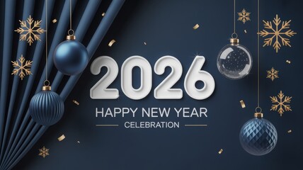 Elegant Happy New Year 2026 celebration background with blue ornaments