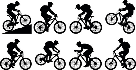 flavector mountain biking silhouettes – dynamic rider poses with helmet, backpack, and trail techniques © Emon