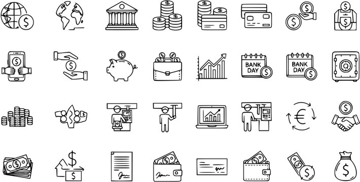 Hand drawn financial and banking line icons set, doodle money economy investment business symbols