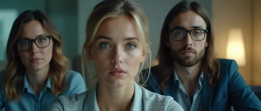 Confident professionals in a modern office setting, with a focused woman leading in the foreground; steady camera pan highlights teamwork and collaboration in a cinematic style.