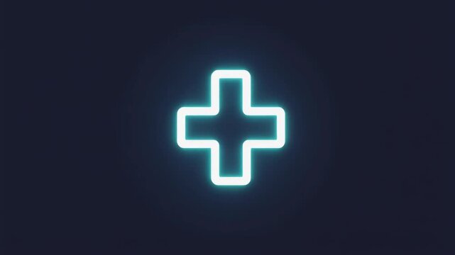 Gleaming neon blue plus sign icon creating a modern digital effect on a dark background, symbolizing positive addition, user interface functionality, and technological growth for innovative concepts