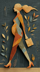 Artistic representation of a stylized woman with vibrant, textured patterns, walking elegantly in a nature-inspired setting.
