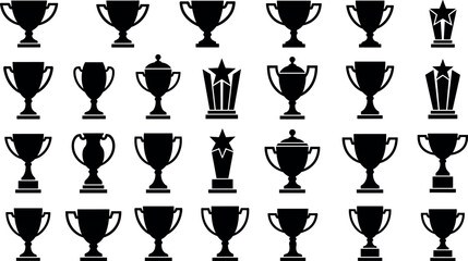 Black trophy silhouette icon set, award cups prizes achievements winners collection isolated on white background vector illustration