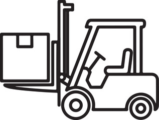 A minimalist black and white line art vector of a forklift carrying a large cardboard box. This industrial icon represents warehouse operations, logistics, shipping, and heavy-duty cargo handling.