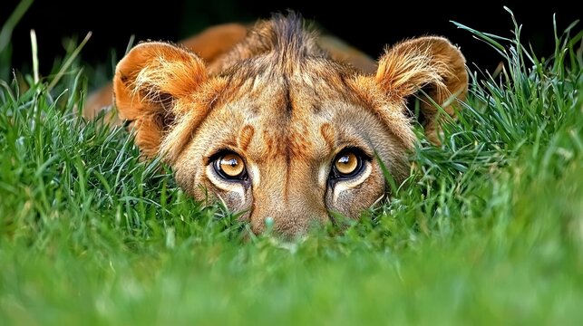 Stealthy lioness in the grass african savanna wildlife photography natural habitat close-up perspective predatory instincts