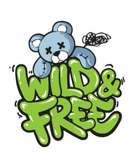 Dynamic vector illustration of a carefree teddy bear with wild and free typography, perfect for spirited and untamed designs, ideal for adventure themes.