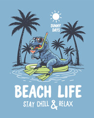 Beach life vector illustration of a dinosaur enjoying a cocktail on a float with palm trees for summer vacation designs and tropical-themed projects © Talia