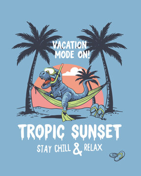 Vacation mode on vector design featuring a dinosaur in a hammock between palm trees enjoying a tropical sunset, perfect for summer-themed projects and relaxation