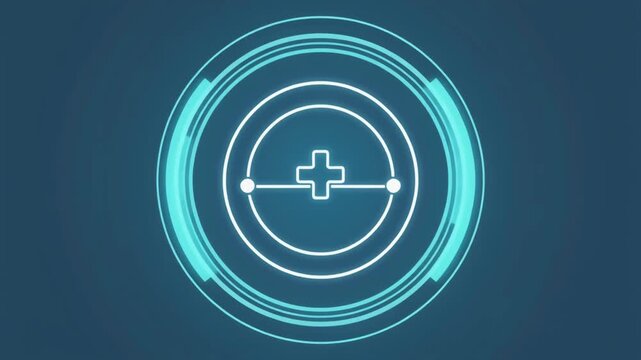 Digital user interface element featuring a glowing cyan target reticle with a plus sign at the center, signifying selection or activation on a dark background