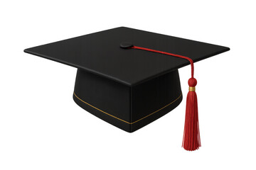 Graduation cap, a black mortarboard with a red tassel and gold accent, symbolizing success, learning, and academic completion. Transparent background