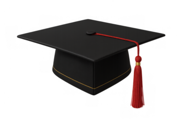 Graduation cap, a black mortarboard with a red tassel and gold accent, symbolizing success, learning, and academic completion. Transparent background