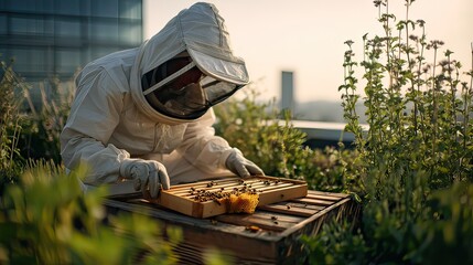 Dedicated urban beekeeper carefully inspecting a busy beehive on a lush rooftop garden, promoting sustainable apiculture and environmental wellness in the heart of the city