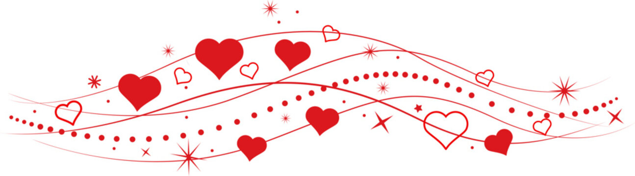 Hearts border in wave shape. Red hearts border. Heart in the wave shape vector. Valentine's Day element decoration. Love concept. Flying  hearts confetti.