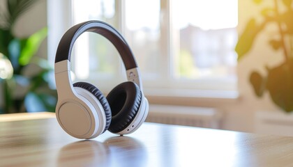 Noise-canceling headphones on clean desk, soft light, strong negative space. 