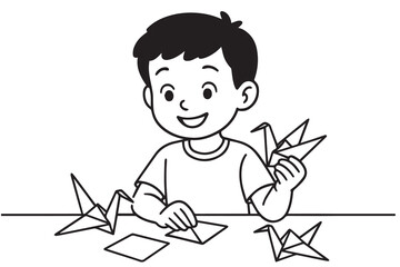 A charming vector shows a young boy learning origami, carefully folding paper with focus and curiosity, symbolizing creativity, patience, and the joy of learning through simple art.
