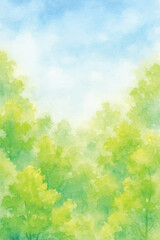 watercolor green forest and blue sky background
