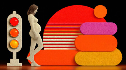 A stylized digital art featuring a woman looking at a colorful, abstract hamburger next to a traffic light.