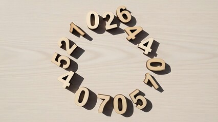 Random numbers arranged in a circle on wooden surface