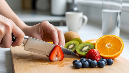 Hands cutting fresh strawberry on wooden board with fruit