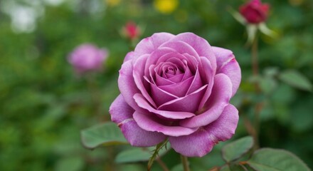 Close-up of a vibrant lavender rose. Soft focus on surrounding greenery