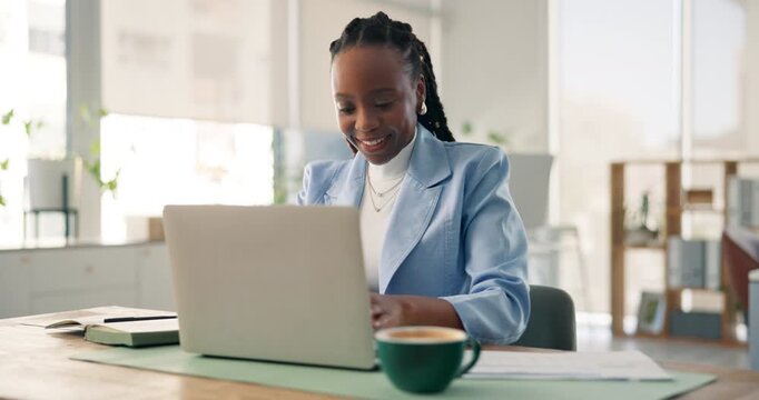 Media agency, laptop and black woman with smile, website info and submission for creative project. African person, copywriting and employee with pc, online publication and magazine editor with email