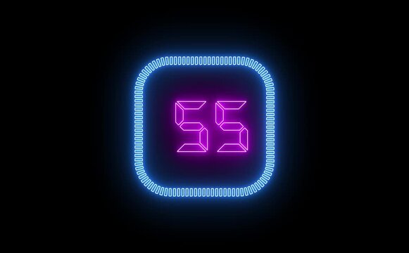 Electric neon countdown icon animates from sixty to zero, glowing numbers pulse smoothly, futuristic digital style, dynamic transitions, ideal for timers, intros, and dramatic visual impact moments ef
