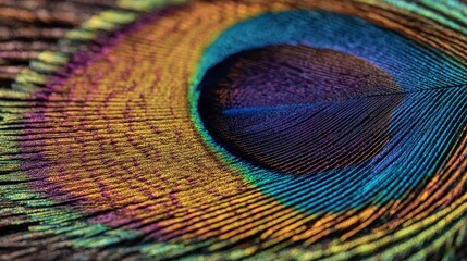 Obraz premium Close-up of a vibrant peacock feather showcasing intricate patterns and iridescent colors; texture detail visible