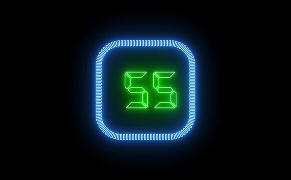 Electric neon countdown icon animates from sixty to zero, glowing numbers pulse smoothly, futuristic digital style, dynamic transitions, ideal for timers, intros, and dramatic visual impact moments ef