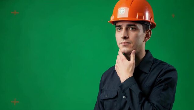 Pensive industrial worker in an orange hard hat thinking on a green screen background.