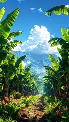 Vertical view through banana trees leads to distant mountains under a clear, partly cloudy blue sky