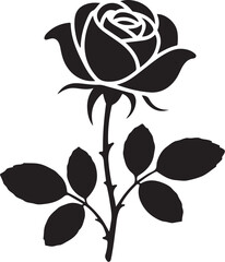 Black silhouette of a single rose with stem and leaves