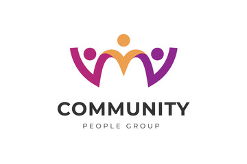 Community People Group Logo Design, Abstract Three Figures Linking Arms for Teamwork and Social Network