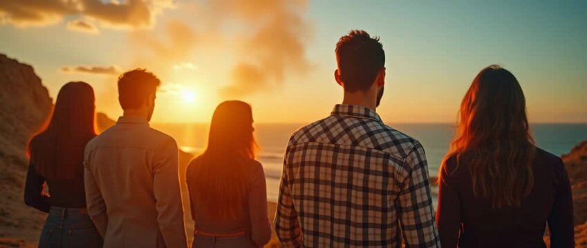 Group of friends watch a stunning sunset over the ocean, their silhouettes in motion as gentle waves roll in; the camera slowly pans, capturing a cinematic, serene coastal scene.
