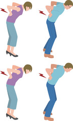 腰が痛むミドルの男性と女性のイラスト
