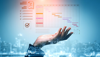 A project management dashboard for business. The interface features a Gantt chart to visualize the...
