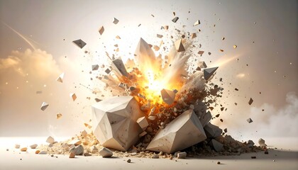 Intense scene of a central explosion, shattering solid geometric forms in a dynamic display
