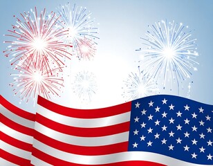 Patriotic fireworks display over waving flag in red, white, and blue