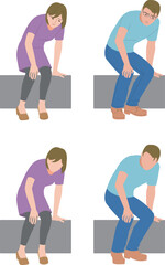 立ち上がる時、膝が痛むミドルの男性と女性のイラスト